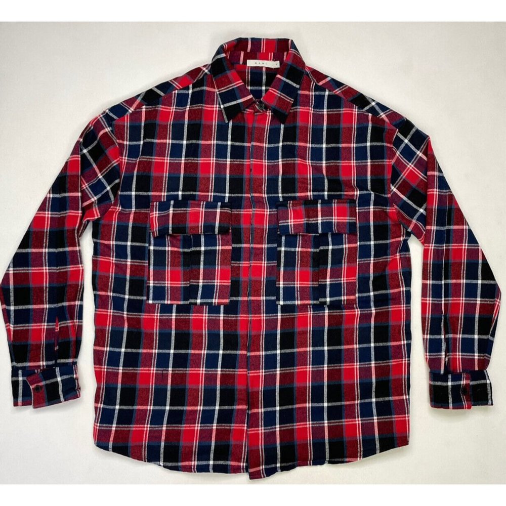 MNML Oversized Plaid Flannel Cargo Shirt Men XL Red Navy Long Sleeve